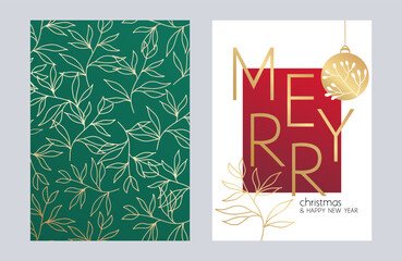 Greeting card Merry Christmas, Happy New Year 2024. Background with a pattern of gold branch.