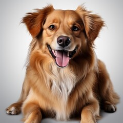 Happy Sitting Panting Golden Retriever Dog, Isolated On White Background, For Design And Printing