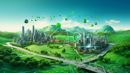 Sprawling green community with Digital smart city infrastructure and rapid data network - obrazy, fototapety, plakaty