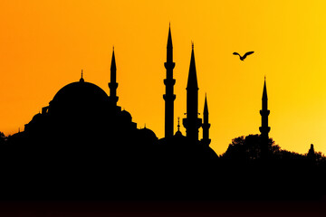 Minarets of the mosque at sunset. Istanbul. Türkiye.