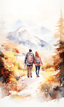 Hiking couple with backpacks in the mountains. Digital watercolor painting.