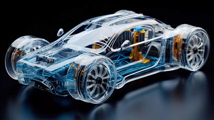 Transparent car engine model with glassy sleek look. new generation car model transparent engine, transparent car concept, modern car model, - obrazy, fototapety, plakaty