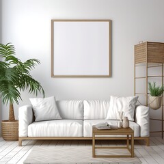 Interior design of modern living room with empty blank mock up poster frame and cozy sofa. Scandinavian interior design of modern stylish living room.