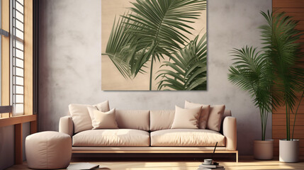 Fresh palm leaves on beige