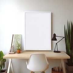 Blank vertical poster frame mockup in cozy home interior background. Photo Frame Mockup Luxurious with white wall background