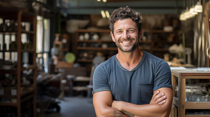 Creative male craftsman smiling and standing in his workshop - obrazy, fototapety, plakaty