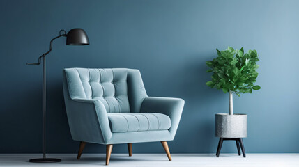 Gray armchair in blue living room