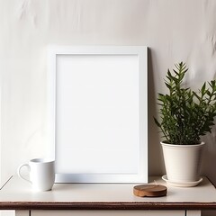 Blank vertical poster frame mockup in cozy home interior background. Photo Frame Mockup Luxurious with white wall background