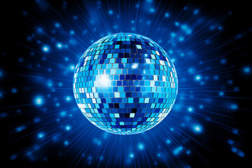 Obraz premium Discokugel in cyan blau mit Lichtern und Lichteffekten und mit Platz für Text. Querformat. Generative Ai.