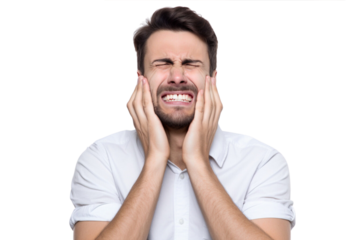 A man with some common symptoms of tooth pain on transparent background.