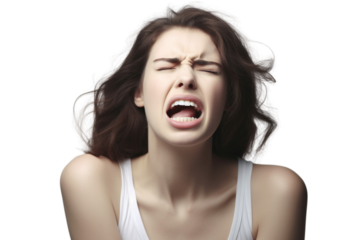 A woman with some common symptoms of tooth pain on transparent background.