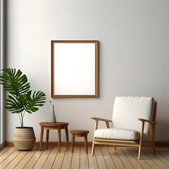 Interior design of modern living room with empty blank mock up poster frame. Minimalist and aesthetic interior with photo mockup