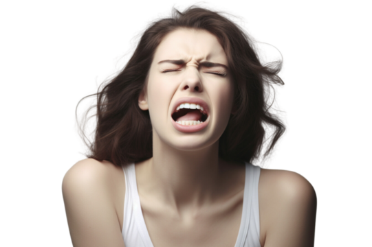 A woman with some common symptoms of tooth pain on transparent background.