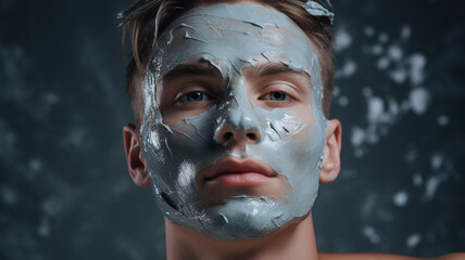 Man applying a blue facial clay mask, close-up. Man applying clay mask pack, men’s grooming. Mens cosmetics photo, beauty industry advertising photo.