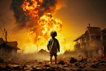A small child against the background of an explosion and fire. War. A child looks at the fire and destruction of his house.