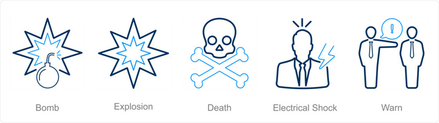 A set of 5 Hazard Danger icons as bomb, explosion, death, electrical shock