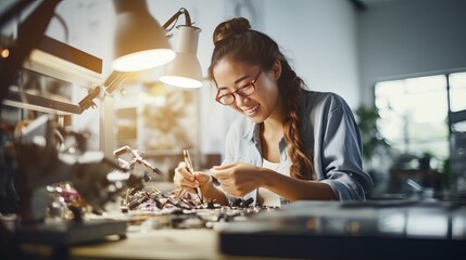 A young woman who invents things is making things in her workshop