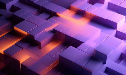 Fotobehang Innovative Tech Wallpaper with Perfectly Aligned Glossy Blocks. Violet and Orange, 3D Render, Generative AI © Imagery Innovators