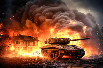 War Concept. Attack on a peaceful city or village. Hostilities. Tank against the background of fire, smoke and explosions. Fire in a destroyed house. Battle in ruined city.