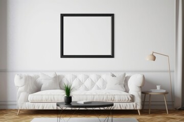 Horizontal picture frame mock up in modern living room interior, Generative AI