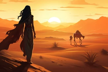 Foto op Plexiglas Egyptian woman with camels in the desert at sunset, digital illustration, Arabian woman in the desert at sunset travel conception, AI Generated © Ifti Digital