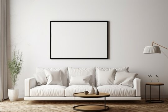 Horizontal picture frame mock up in modern living room interior, Generative AI
