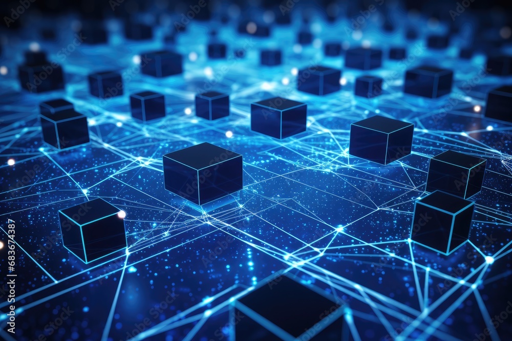 Poster Abstract technology background with glowing lines and cubes. 3D Rendering, Big data flow in cyber blockchain fields with a blue network system, AI Generated