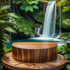 Serenity in Product Display: Side View of Wood Podium on Leafy Canvas with Waterfall - Natural Aesthetics Photo