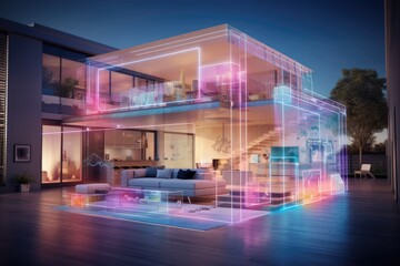 3d rendering of modern living room design with windows and lights, Beautiful modern home interior with a digital instruction hologram overlay, AI Generated
