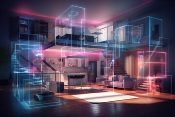 Modern living room interior with white sofa, coffee table and abstract glowing lights. 3D Rendering, Beautiful modern house interior with a digital hologram effect overlay, AI Generated