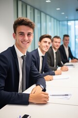 Group of young men sitting in a company meeting room