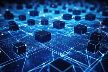 Obraz premium Abstract technology background with glowing lines and cubes. 3D Rendering, Big data flow in cyber blockchain fields with a blue network system, AI Generated