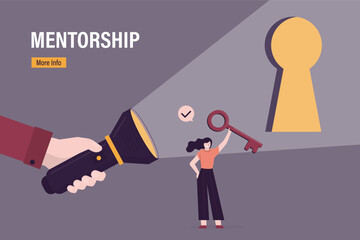 Flashlight shining light on keyhole, businesswoman with key in dark. Business support or mentor help discover opportunity, right way, unlock success. leadership