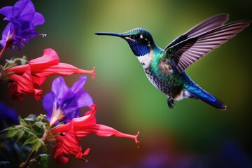 Hummingbird with flower in the background. Hummingbird in flight with flowers, Blue hummingbird Violet Sabrewing flying next to beautiful red flower, AI Generated