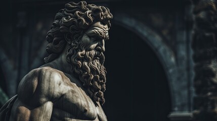 strong stoic greek or roman male statue with a semidark background