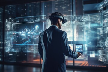 Businessman using virtual reality headset against hologram screen in office interior, Businessman wearing VR and using AI technology hologram at work, captured from the rear view, AI Generated