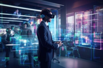Businessman wearing virtual reality goggles against glowing x-ray image in office, Businessman wearing VR and using AI technology hologram at work, captured from the rear view, AI Generated