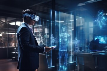 Back view of young businessman in virtual reality headset holding tablet in hands, Businessman wearing VR and using AI technology hologram at work, captured from the rear view, AI Generated
