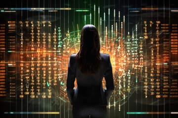 Rear view of businesswoman looking at stock market data on virtual screen, Businesswoman standing in front of a digital big screen hologram displaying business data, captured from, AI Generated
