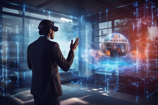 Businessman in modern interior using virtual reality headset. 3D rendering, Businessman wearing VR and using AI technology hologram at work, captured from the rear view, AI Generated