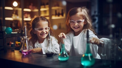 Happy girls doing science tests - obrazy, fototapety, plakaty