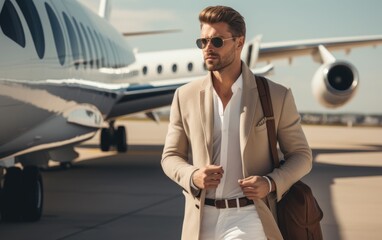 A man walking near airport with plane and holding his blazer on his shoulder
