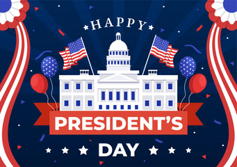 Happy Presidents Day Vector Illustration on 19 February with President America and USA Flag in Flat Cartoon Background Design - obrazy, fototapety, plakaty