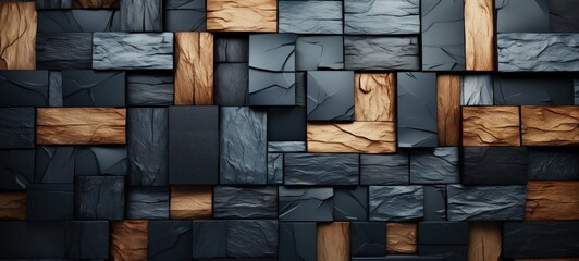 Abstract Wall with Square and Rectangular Blocks in Shades of Black, Grey, and Brown