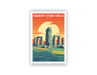 Avebury Stone Circle, England. Vintage Travel Posters. Vector illustration. Famous Tourist Destinations Posters Art Prints Wall Art and Print Set Abstract Travel for Hikers Campers Living Room Decor 
