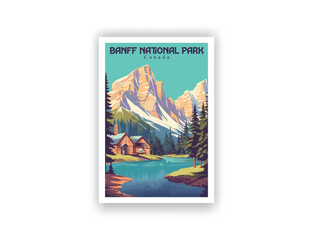 Banff National Park, Canada. Vintage Travel Posters. Vector illustration. Famous Tourist Destinations Posters Art Prints Wall Art and Print Set Abstract Travel for Hikers Campers Living Room Decor 