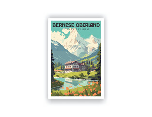 Bernese Oberland, Switzerland. Vintage Travel Posters. Vector illustration. Famous Tourist Destinations Posters Art Prints Wall Art and Print Set Abstract Travel for Hikers Campers Living Room Decor 