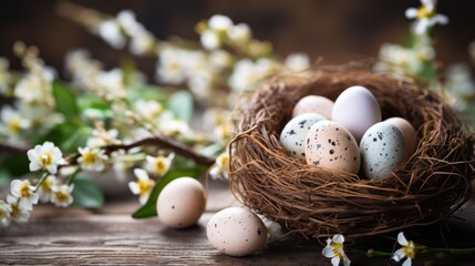 Fototapeta na wymiar easter background - easer eggs with some twigs as decoration on a wooden