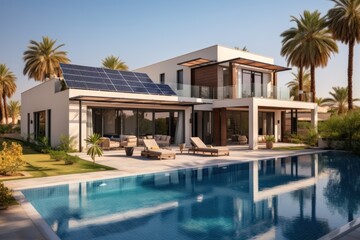 Fototapeta na wymiar Exterior of beautiful modern house with solar panels on roof. Luxury