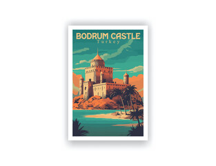 Bodrum Castle, Turkey.  Vintage Travel Posters. Vector illustration. Famous Tourist Destinations Posters Art Prints Wall Art and Print Set Abstract Travel for Hikers Campers Living Room Decor 